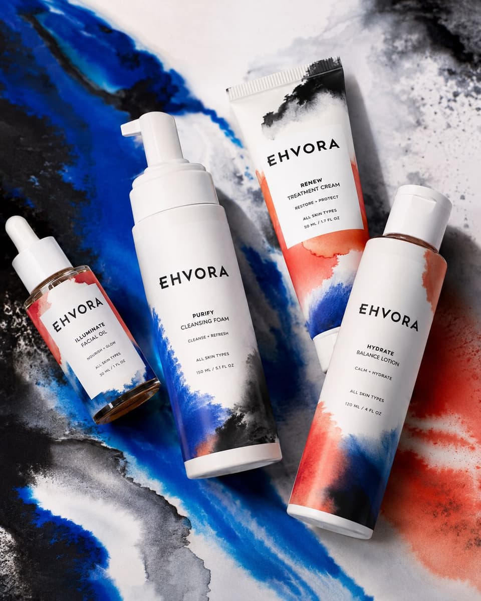 Ehvora skincare bottles on watercolour paper